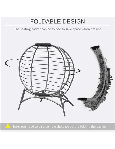 Outsunny Folding Rattan Egg Chair, Freestanding Basket Chair with Cushion, Bottle Holder Bag for Outdoor or Indoor, Grey