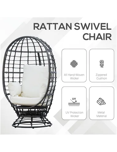 Outsunny 360° Swivel Egg Chair, Garden Rattan Swivel Chair with Thickened Cushion and Pillow, 150 KG Capacity for Indoor Outdoor