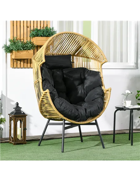 Outsunny String Rattan Egg Chair, with Padded Seat Cushion - Sand/Black