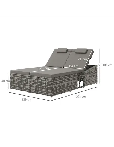 Outsunny 2 Seater Rattan Day Bed w/ Fire Retardant Cushions Grey