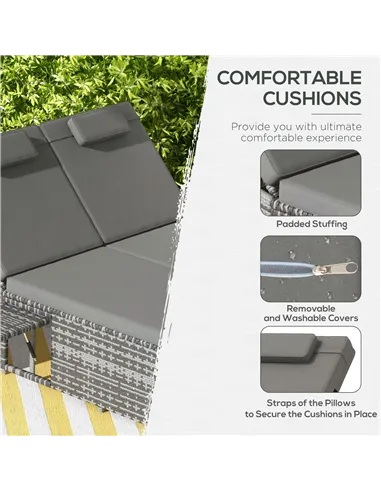 Outsunny 2 Seater Rattan Day Bed w/ Fire Retardant Cushions Grey