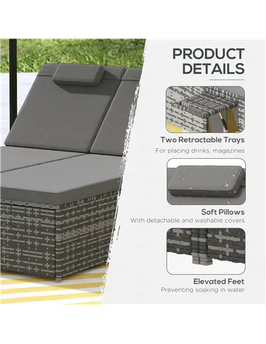 Outsunny 2 Seater Rattan Day Bed w/ Fire Retardant Cushions Grey