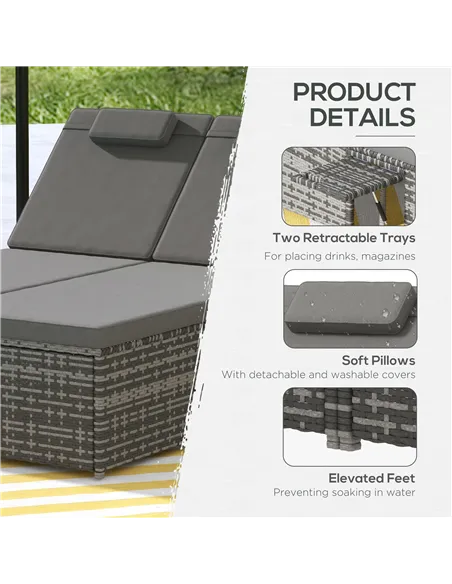 Outsunny 2 Seater Rattan Day Bed w/ Fire Retardant Cushions Grey