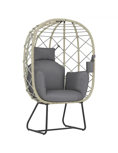 Outsunny Rattan Egg Chair Outdoor Indoor Wicker Chair with Thickened Cushion and Headrest, Standing Garden Egg Chair with Cup Ho