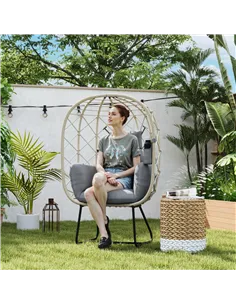 Outsunny Rattan Egg Chair Outdoor Indoor Wicker Chair with Thickened Cushion and Headrest, Standing Garden Egg Chair with Cup Ho 2