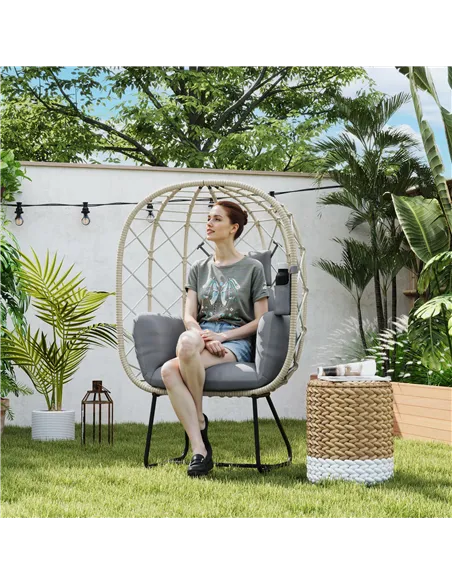 Outsunny Rattan Egg Chair Outdoor Indoor Wicker Chair with Thickened Cushion and Headrest, Standing Garden Egg Chair with Cup Ho
