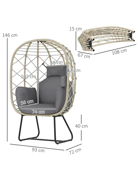 Outsunny Rattan Egg Chair Outdoor Indoor Wicker Chair with Thickened Cushion and Headrest, Standing Garden Egg Chair with Cup Ho