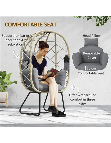 Outsunny Rattan Egg Chair Outdoor Indoor Wicker Chair with Thickened Cushion and Headrest, Standing Garden Egg Chair with Cup Ho