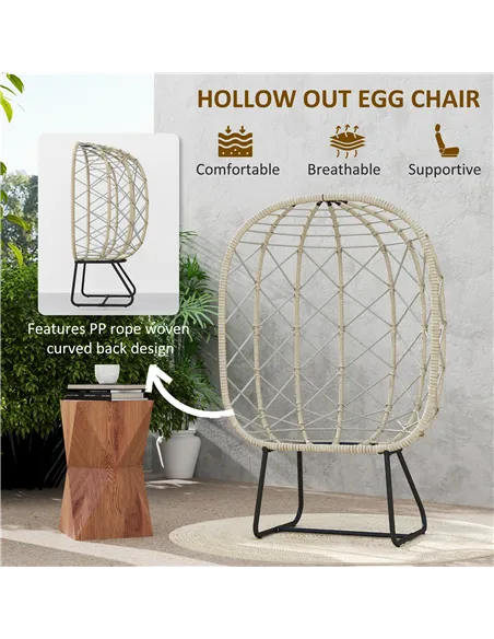 Outsunny Rattan Egg Chair Outdoor Indoor Wicker Chair with Thickened Cushion and Headrest, Standing Garden Egg Chair with Cup Ho