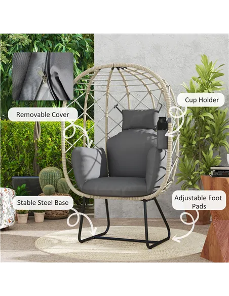 Outsunny Rattan Egg Chair Outdoor Indoor Wicker Chair with Thickened Cushion and Headrest, Standing Garden Egg Chair with Cup Ho