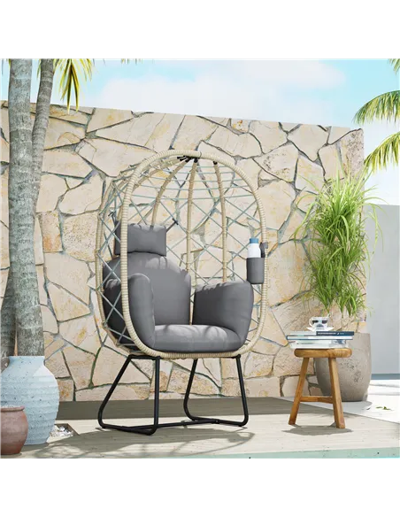 Outsunny Rattan Egg Chair Outdoor Indoor Wicker Chair with Thickened Cushion and Headrest, Standing Garden Egg Chair with Cup Ho