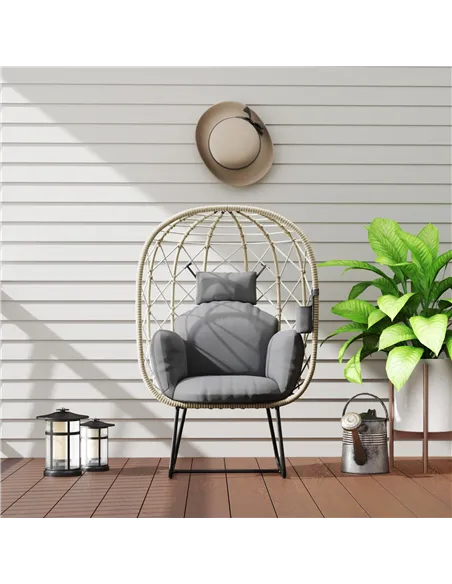 Outsunny Rattan Egg Chair Outdoor Indoor Wicker Chair with Thickened Cushion and Headrest, Standing Garden Egg Chair with Cup Ho