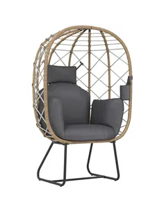 Outsunny Rattan Egg Chair Outdoor Indoor Wicker Chair with Thickened Cushion and Headrest, Standing Garden Egg Chair with Cup Ho
