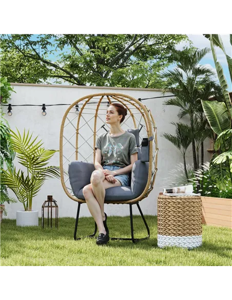 Outsunny Rattan Egg Chair Outdoor Indoor Wicker Chair with Thickened Cushion and Headrest, Standing Garden Egg Chair with Cup Ho