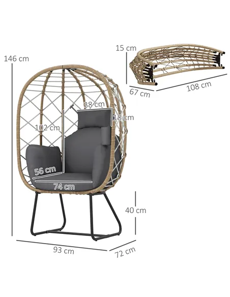Outsunny Rattan Egg Chair Outdoor Indoor Wicker Chair with Thickened Cushion and Headrest, Standing Garden Egg Chair with Cup Ho