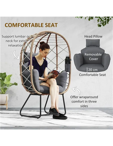 Outsunny Rattan Egg Chair Outdoor Indoor Wicker Chair with Thickened Cushion and Headrest, Standing Garden Egg Chair with Cup Ho