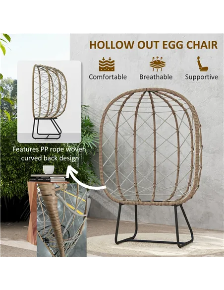 Outsunny Rattan Egg Chair Outdoor Indoor Wicker Chair with Thickened Cushion and Headrest, Standing Garden Egg Chair with Cup Ho