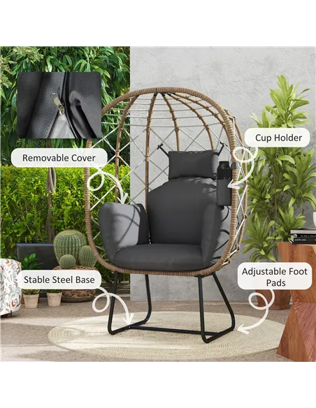 Outsunny Rattan Egg Chair Outdoor Indoor Wicker Chair with Thickened Cushion and Headrest, Standing Garden Egg Chair with Cup Ho