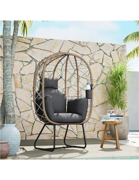 Outsunny Rattan Egg Chair Outdoor Indoor Wicker Chair with Thickened Cushion and Headrest, Standing Garden Egg Chair with Cup Ho