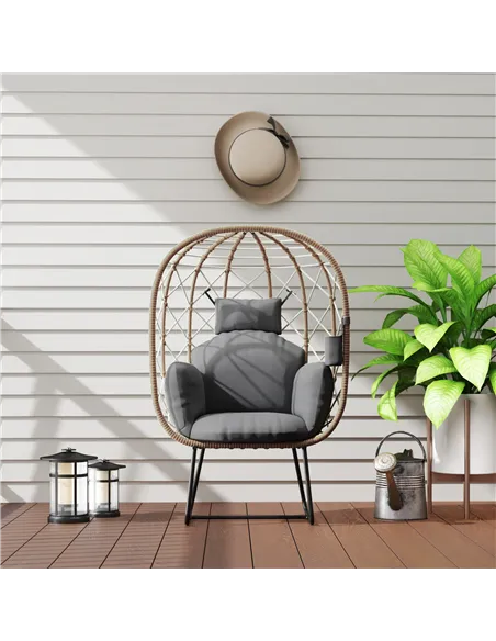 Outsunny Rattan Egg Chair Outdoor Indoor Wicker Chair with Thickened Cushion and Headrest, Standing Garden Egg Chair with Cup Ho