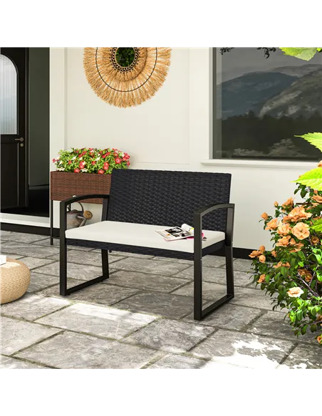 Outsunny Two-Seater Rattan Garden Bench - Beige/Black