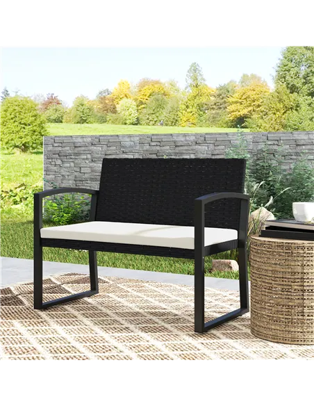 Outsunny Two-Seater Rattan Garden Bench - Beige/Black