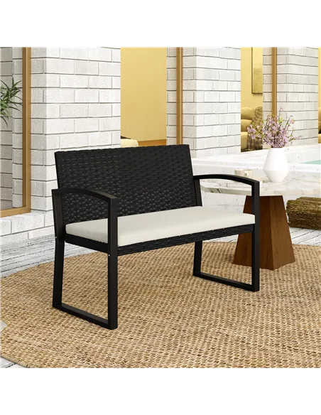 Outsunny Two-Seater Rattan Garden Bench - Beige/Black