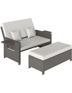 Outsunny Rattan Day Bed, with Footstool - Light Grey