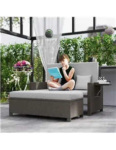 Outsunny Rattan Day Bed, with Footstool - Light Grey 2