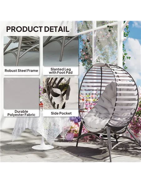 Outsunny Egg Chair with Cushion & Side Pocket - Light Grey