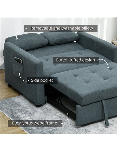 HOMCOM Loveseat Sofa Bed, Convertible Bed Settee with 2 Cushions, Side Pockets for Living Room, Charcoal Grey