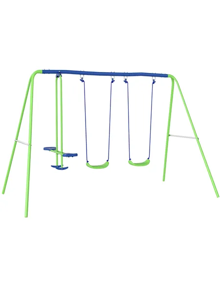 Outsunny Metal Garden Swing Set Height Adjustable Children Outdoor Backyard Play Set for Toddlers Over 3 Years Old, Green