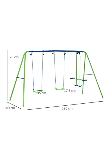 Outsunny Metal Garden Swing Set Height Adjustable Children Outdoor Backyard Play Set for Toddlers Over 3 Years Old, Green