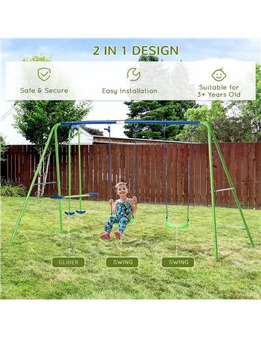 Outsunny Metal Garden Swing Set Height Adjustable Children Outdoor Backyard Play Set for Toddlers Over 3 Years Old, Green