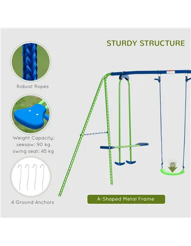 Outsunny Metal Garden Swing Set Height Adjustable Children Outdoor Backyard Play Set for Toddlers Over 3 Years Old, Green