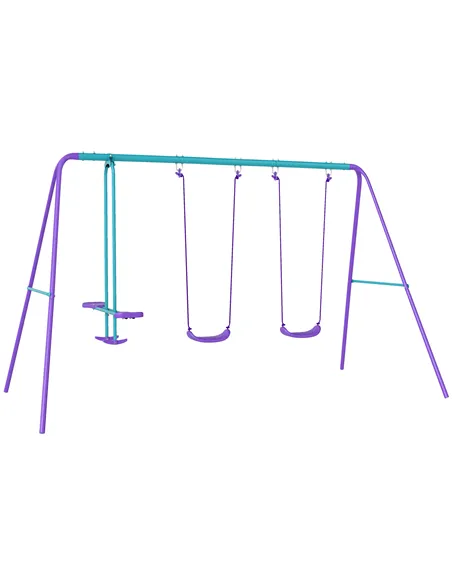 Outsunny Metal Swing Set, with Seesaw, Adjustable Height, for Ages 3+ Years, Purple