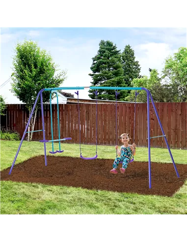 Outsunny Metal Swing Set, with Seesaw, Adjustable Height, for Ages 3+ Years, Purple