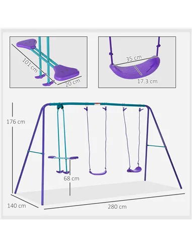 Outsunny Metal Swing Set, with Seesaw, Adjustable Height, for Ages 3+ Years, Purple