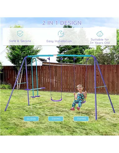 Outsunny Metal Swing Set, with Seesaw, Adjustable Height, for Ages 3+ Years, Purple