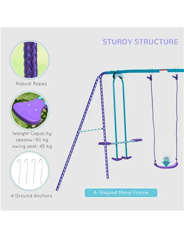 Outsunny Metal Swing Set, with Seesaw, Adjustable Height, for Ages 3+ Years, Purple