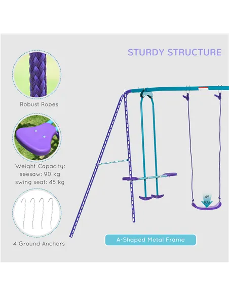 Outsunny Metal Swing Set, with Seesaw, Adjustable Height, for Ages 3+ Years, Purple