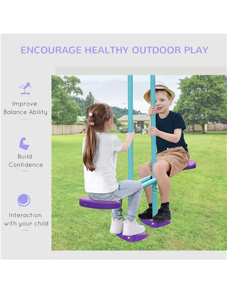 Outsunny Metal Swing Set, with Seesaw, Adjustable Height, for Ages 3+ Years, Purple