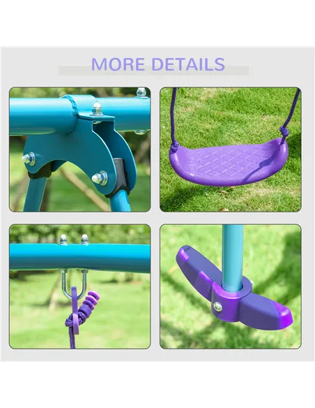 Outsunny Metal Swing Set, with Seesaw, Adjustable Height, for Ages 3+ Years, Purple