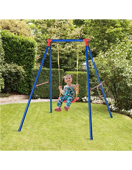 Outsunny Kids Swing Set Toddler Swing Adjustable Rope Heavy Duty A-Frame Stand Outdoor Playset for 3-8 Years Old Blue