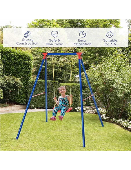 Outsunny Kids Swing Set Toddler Swing Adjustable Rope Heavy Duty A-Frame Stand Outdoor Playset for 3-8 Years Old Blue