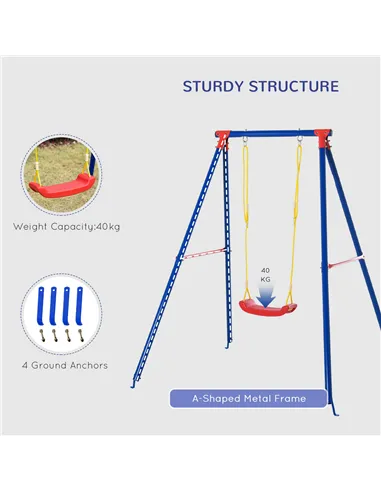 Outsunny Kids Swing Set Toddler Swing Adjustable Rope Heavy Duty A-Frame Stand Outdoor Playset for 3-8 Years Old Blue