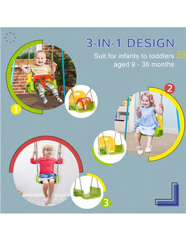 Outsunny 3 in 1 Detachable Kids Swing Seat with Safety Belt, Adjustable Rope for Indoor, Outdoor, Playground, Garden, Green