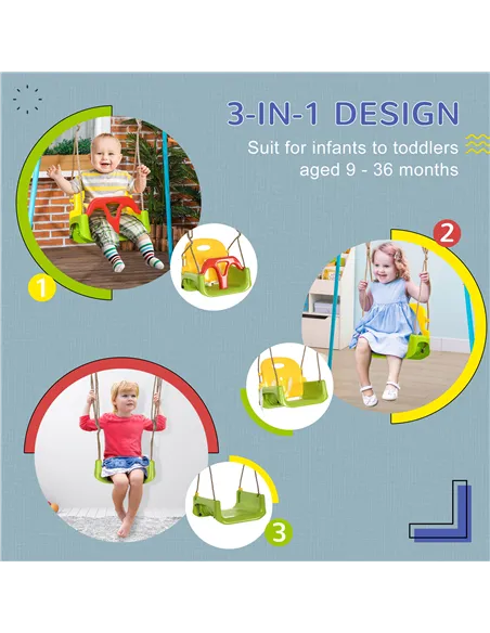 Outsunny 3 in 1 Detachable Kids Swing Seat with Safety Belt, Adjustable Rope for Indoor, Outdoor, Playground, Garden, Green