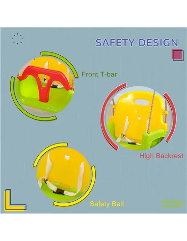 Outsunny 3 in 1 Detachable Kids Swing Seat with Safety Belt, Adjustable Rope for Indoor, Outdoor, Playground, Garden, Green