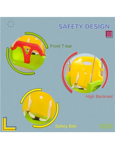 Outsunny 3 in 1 Detachable Kids Swing Seat with Safety Belt, Adjustable Rope for Indoor, Outdoor, Playground, Garden, Green